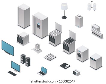 Vector isometric domestic appliances and electronics icon set - fridge, washing machine, dishwasher, oven, stove, tv, computer, audio speakers, microwave oven