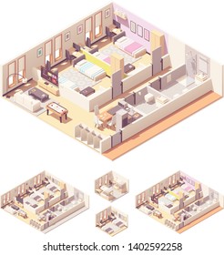 Vector Isometric Dormitory Or Dorm Room Interior Cross-section With Beds, Bathroom, Shower Cabin And Toilet, Wardrobes, Common Living Room And Kitchen