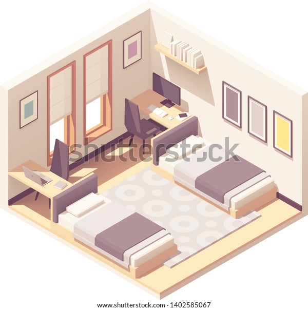 Vector isometric dormitory or\
dorm room interior cross-section with two beds, chairs and\
tables