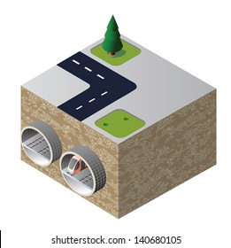 Vector Isometric Drawing Of The Tunnel With A Train