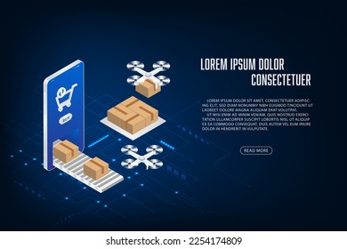 Vector isometric drone delivery service concept. Smart phone application. Template for banner design.