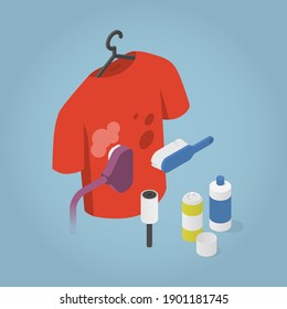 Vector isometric dry cleaning illustration. T-shirt with stains on hanger with professional cleaning tools - brush, steam cleaner, detergents and sticky roller.