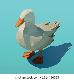 Vector isometric duck standing in shallow water. Low poly 3d vector illustration.