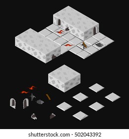 Vector isometric dungeon elements, walls, floors, plates, holes, cracks, doors, coridors, lava