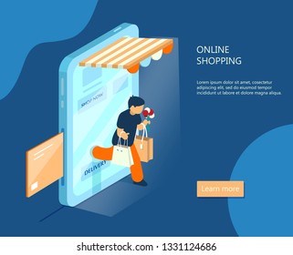 Vector isometric e-commerce banner. Online shopping concept. Man with purchases walks out from smartphone. Online payment.