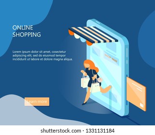 Vector isometric e-commerce banner. Online shopping concept. Woman with purchases walks out from smartphone. Phone like a shop. Online payment.