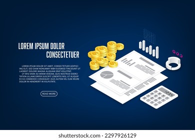 Vector isometric economics, finance documents, calculations, graph and coins. Creative design idea for infographics.