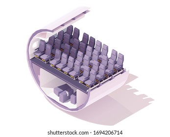 Vector Isometric Economy Class Airplane Seats. Passenger Airplane Cabin Or Salon Cross Section. Economy Class Airline Seats And Cargo Hold With Baggage