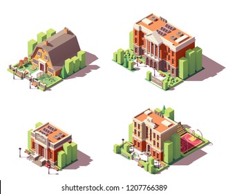 Vector isometric educational buildings set. Includes school, preschool or kindergarten, university and library buildings