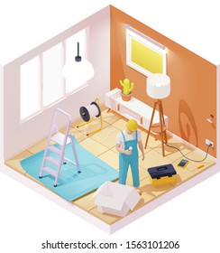 Vector isometric electrician working in house room. Electrician holding led light bulb, fixing socket or electric light switch, working with wires, installing or repairing lights