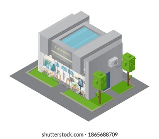 Vector Isometric Electronics Shop Building. Showcase With Devices.