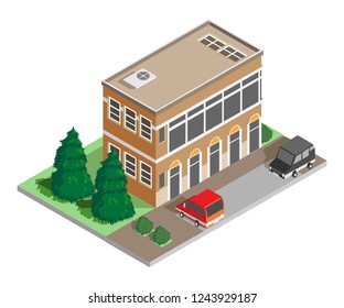 Vector isometric  element   building with parking  cars   street and tree garden

