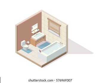 Vector isometric element representing restroom/bathroom/toilet. Room includes bath, toilet, cabinet with sink, mirror and others. Isometric restroom.