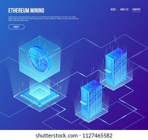 Vector isometric ethereum blockchain mining concept. Ethereum coin in transparent cube with processor and mining server racks. Crypto currency data room with servers background, landing page template