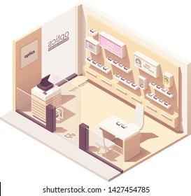 Vector isometric eyewear or optical shop interior. Eyeglasses and sunglasses on display, counter with cash register