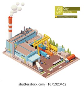 Vector isometric factory building. Factory or plant building exterior. Industrial facility. Gantry crane, smoking chimney, industrial equipment, loading docks and trucks. Isometric city map elements