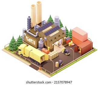 Vector isometric factory building with robots and conveyor. Plant with smokestacks and ventilation system, forklifts, truck and office room. Modern industrial building