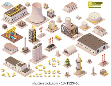 Vector isometric factory buildings   machinery set  Factory plant buildings  equipment  pipes  chimney  tanks  crane  warehouse  industrial facilities  Isometric city map elements
