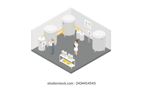Vector isometric factory room. Industry plant inside. Tanks, industrial machinery, engineers concept.