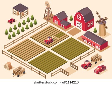 Vector isometric farm elements: house, tractor, pickup, harvesting machine, windmill, hay, field, harvest, cart, spruce. Agricultural and farming landscape. Illustration agriculture and farm business