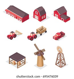 Vector isometric farm icons: red barn, house, tractor, pickup, harvesting machine, windmill, hay, cart. Agricultural and farming landscape. Illustration agriculture and farm business