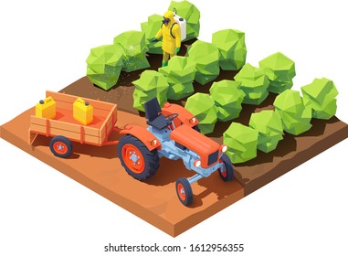 Vector isometric farmer spraying pesticides on plants in field. Agriculture worker in protective workwear and respirator with manual pesticide sprayer on fruit growing plantation. Garden weed control svg