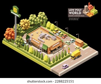 Vector isometric fast food restaurant. Restaurant building with drive thru and outdoor tables