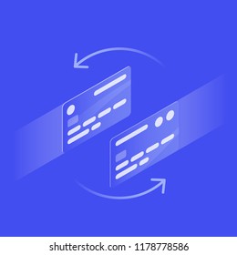 Vector isometric fast money transfer concept illustration. Two credit card moving toward each other to make a transaction..