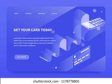 Vector isometric fast payment terminal illustration. Credit card machine printing large receipt with ceding card nearby. Landing page concept.