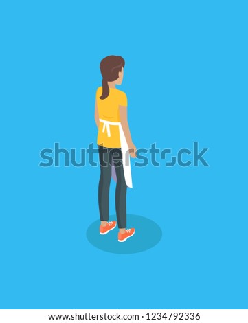 Vector isometric female person on fixture in casual form or waitress uniform with cover-slut. Barmaid or housewife woman from back view icon isolated