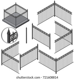 Vector isometric fence constructor isolated on white