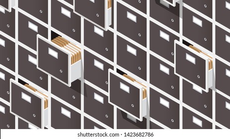 Vector isometric file storage concept illustration. Very detailed big storage cabinet with open drawers full of papers and folders.