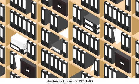 Vector isometric file storage concept illustration. Very detailed office storage shelves with file folders, boxes and stacks of paper.