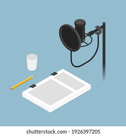 Vector isometric film dubbing studio vector concept illustration. Condenser microphone on stand with pop filter, script, pencil an paper cup.