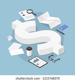 Vector Isometric Financial Illustration. Big Dollar Sign Surrounded Business Related Objects - Charts, Papers, Credit Card, Documents, Glasses, And Coffee. Money And Investing Concept.