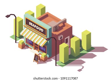 Vector isometric fish and seafood shop or fish market building neon signs and awnings