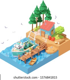 Vector Isometric Fisherman Unloading Catch From Docked Fishing Trawler. Wooden Pier, Moored Fishing Vessel Or Ship, Man Holding Box With Fresh Fish, Fisherman House, Flock Of Seagulls Flying Around