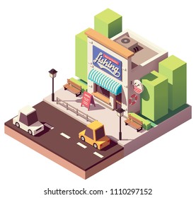 Vector isometric fishing gear, equipment, bait and tackle shop building with signboard