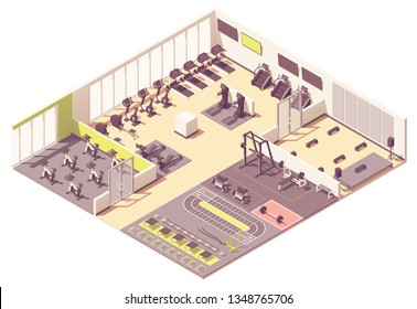 Vector isometric fitness club or gym interior cross-section with fitness equipment and machines. Treadmill, rowing machine, exercise bike, step machine, weight bench, cycling and step aerobics rooms