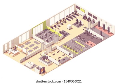 Vector isometric fitness club or gym interior cross-section with fitness equipment and machines. Cycling room, step aerobics and pilates rooms, boxing zone, Treadmills, exercise bikes, step machines