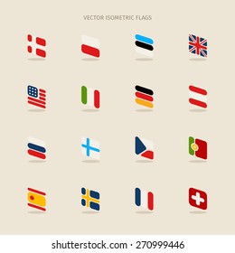 Vector isometric flags with rounded corners in simple style