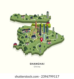 vector isometric flat 3d map of Shanghai, a large city in East Asia which is a business center