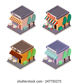 Vector isometric flat cafes and shop: pizza and coffee cafes and bakery, ice cream stores