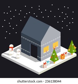 Vector isometric flat christmas cute house with trees and snowman