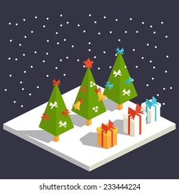 Vector isometric flat christmas icon with trees and gifts