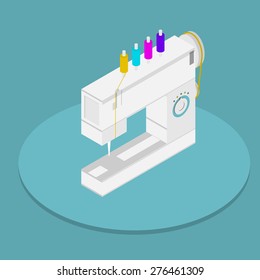 Vector isometric flat color design illustration of white automatic sewing machine with set of colored spools on blue background.