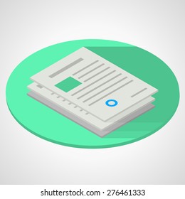 Vector isometric flat color design illustration of document papers on green circle on gray background. Long shadow design
