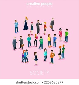 vector isometric flat crowd of people. different teens and adults stand, talk, make phone call and listen music. society members 3d isometry concept