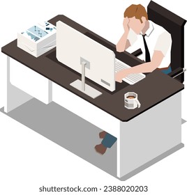 Vector isometric flat illustration bored at work in the office isolated on a white background