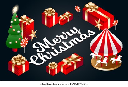 Vector isometric flat illustration. graphic design festive merry christmas and happy new year 2019. design elements on a red background isometric christmas tree with red gift boxes with golden bows